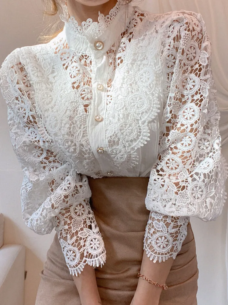 

Lace Embroidery Hollow out Loose Fit Stand Collar Pearl Buttoned Court Style Anti-Aging Top Women's Korean Version Cotton Shirt