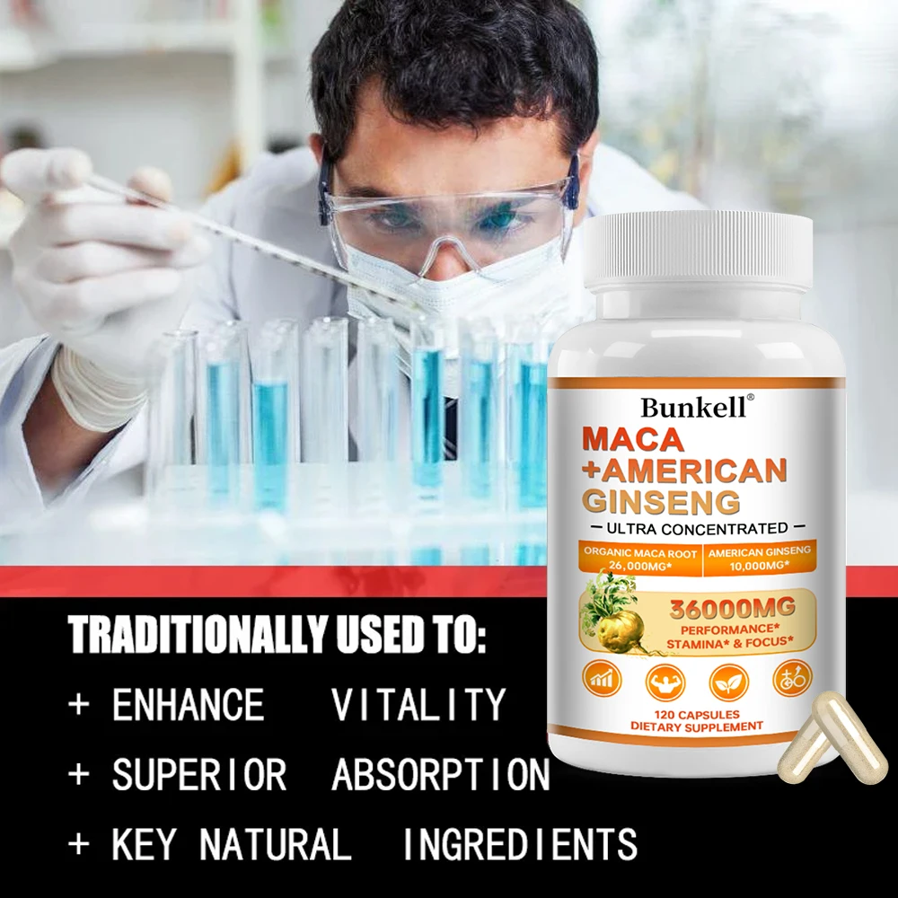 Triple Maca Root & American Ginseng Capsules, Support Daily Energy Focus Calm Mood & Immune Wellness  for Men & Women