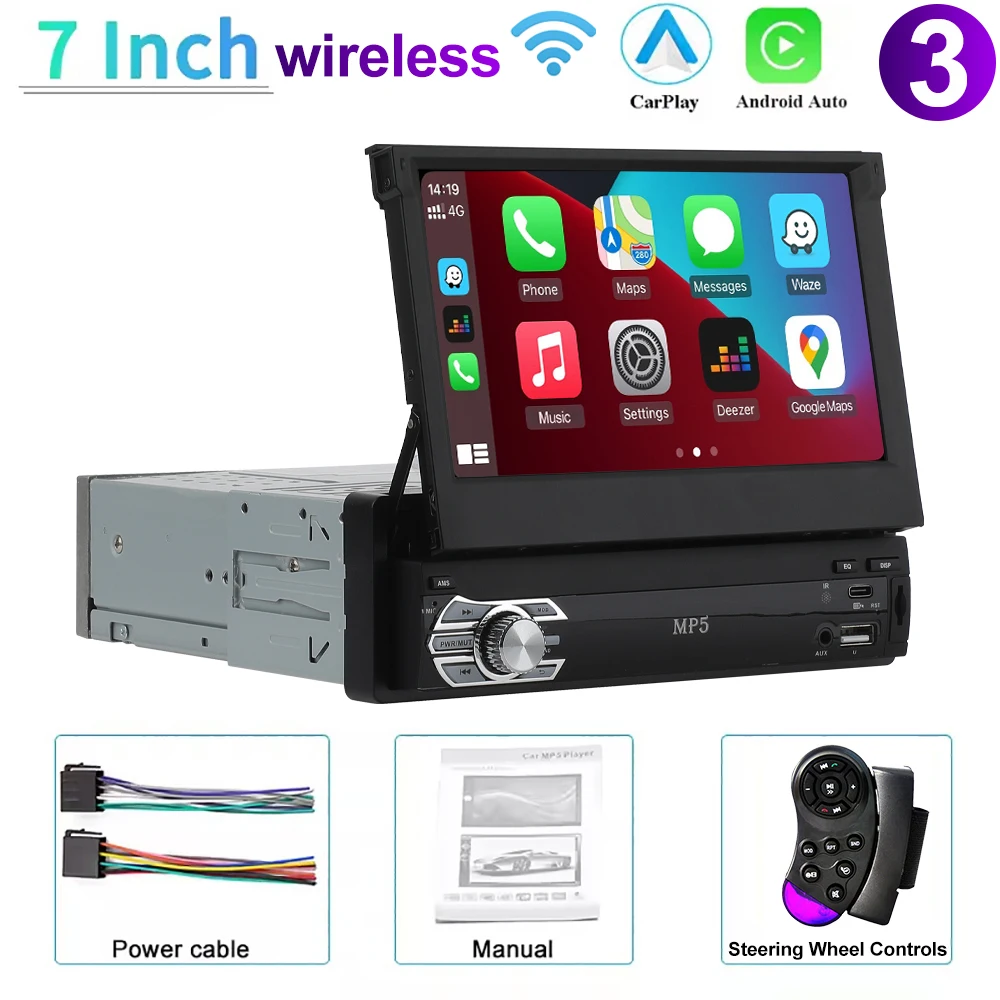 Universele 1 Din MP5-speler 7 inch Carplay Android Auto Handleiding Automatisch intrekbaar touchscreen Autospeler FM-radio Spiegellink