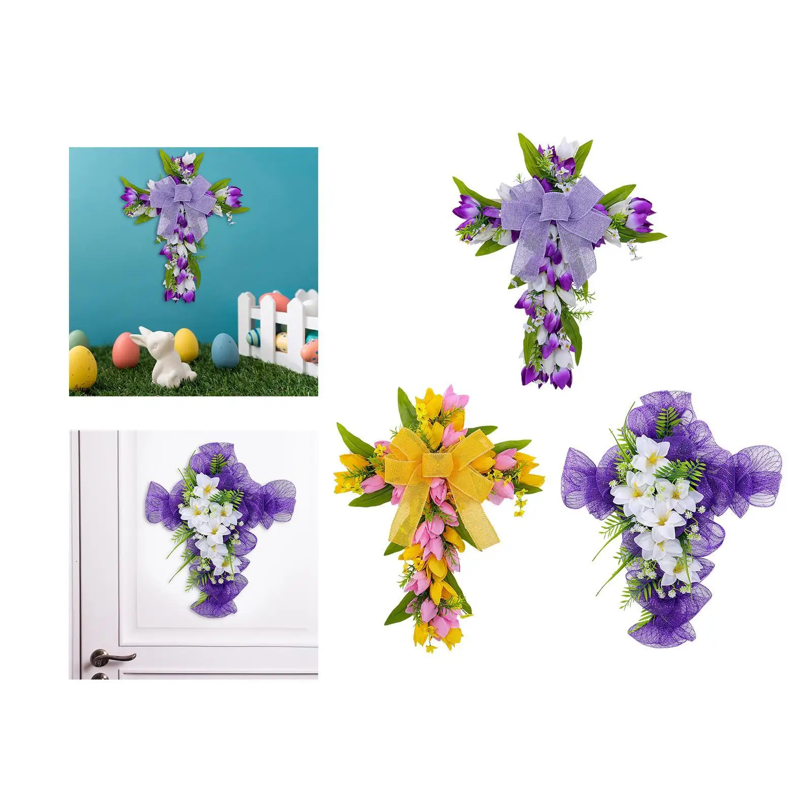 

Easter Cross Wreath Table Centerpiece Outside Artificial Flower Wreath Tulip Door Wreath for Party Front Door Indoor Wall Window