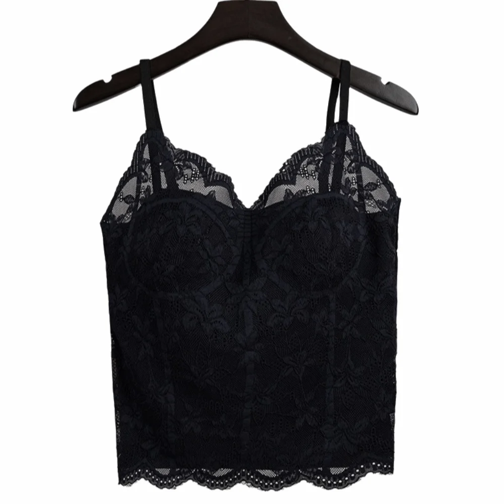 Built-In Chest Pad French Lace Camisole Beautiful Back Design Wireless Design Ice Silk Vest Gathered Style Nylon Material