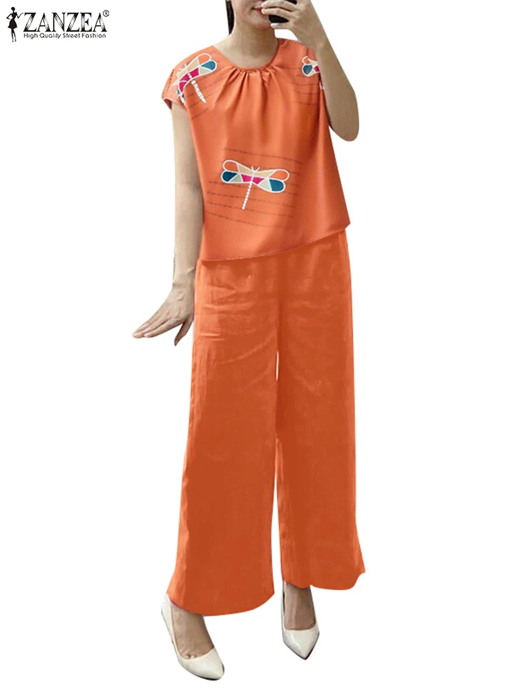

ZANZEA 2025 Summer Oversize Suits Women Outfits Casual Loose O-Neck Short Sleeve Tops Elastic Waist Printing Wide Leg Pant Sets