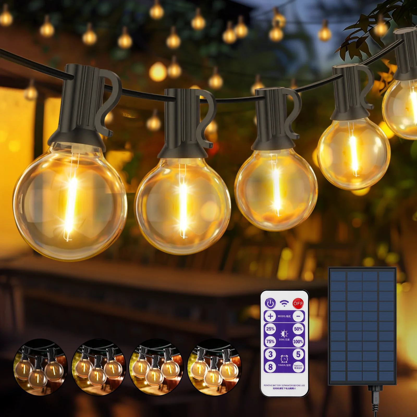 Solar-LED-Lichterkette für den Außenbereich mit Fernbedienung – dimmbar G40-Laternenlampen für den Außenbereich, IP65, wasserdicht, 8 Modi, Solar-L