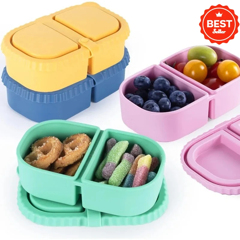 Reusable Silicone Snack Containers with Lids, Mini Containers 2 Compartments, Portable  Food Storage Box for Picnic