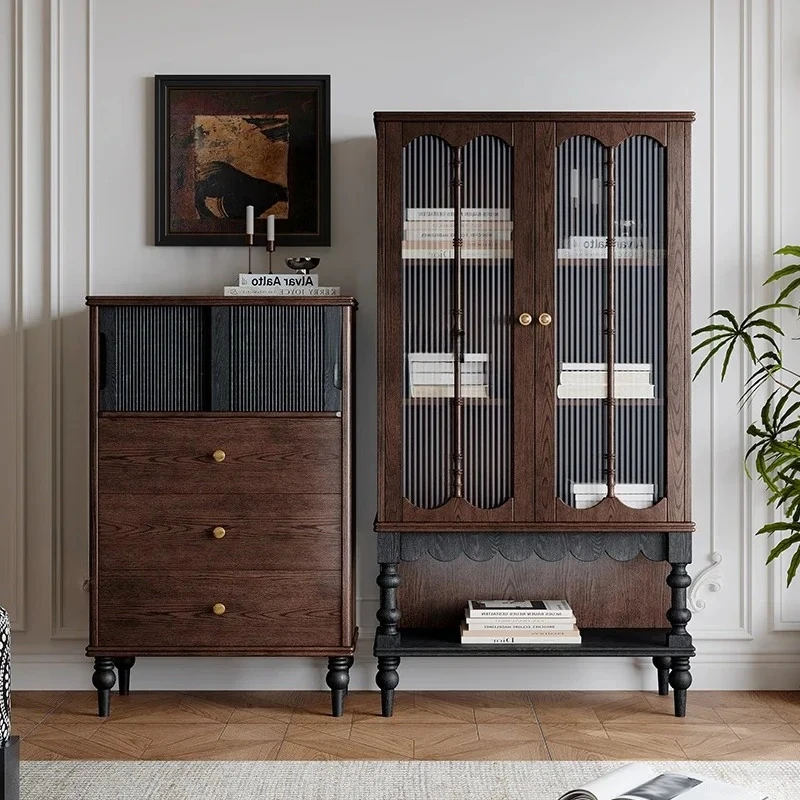 

X18 French retro solid wood side cabinet, integrated combination of chest cabinet double door wine cabinet against the wall