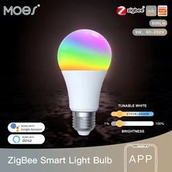 MOES ZigBeeสมาร์ทหลอดไฟLED Tuya E27 หรี่แสงได้RGB 806Lm Smart Life APPรีโมทคอนโทรลAlexa Google Voice 9W 90-250V