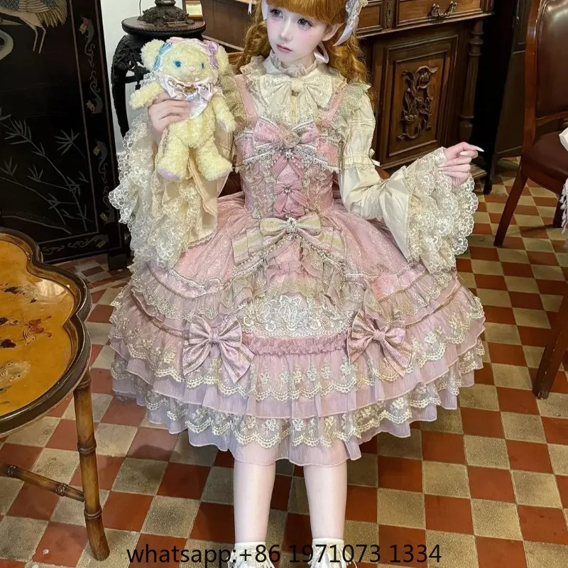 Western Style Sweet Fresh Cake Dress Bow Lace Up Ball Gown Casual Women Mujer Japanese Patchwork Mesh Spice Girls New Vestidos