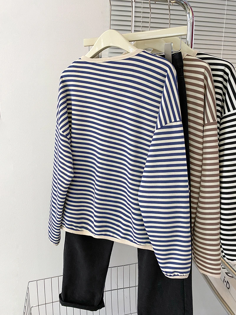 韓国スタイルインストライプスウェットシャツコントラストカラールーズフィット長袖プルオーバー春のファッション怠惰な多用途トップ