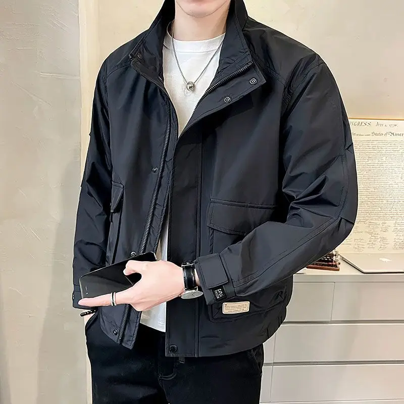 Men Stand Collar Zip Button Jacket Multi Pocket Loose Windproof Casual Outerwear Coat