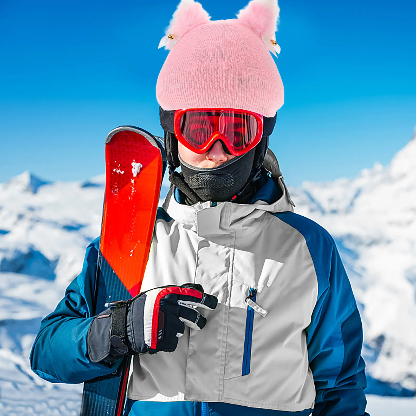 

Ski Cover Knitted Cartoon Cat Ears Design Universal Fit for Kids Adults Enhanced Visibility Warm Protective Gear