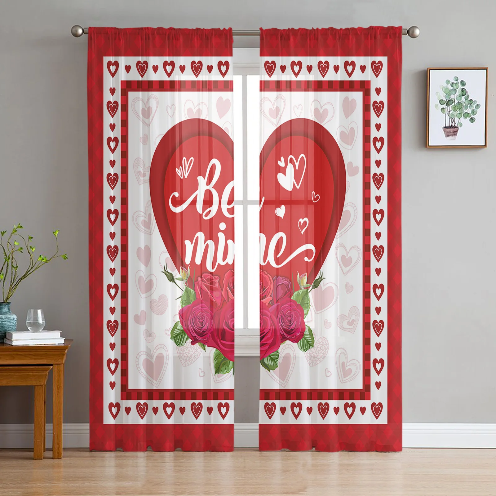 Valentine'S Day Love Rose Red White Tulle in Sheer Curtains for Living Room Bedroom Kitchen Window Treatment Chiffon Curtain