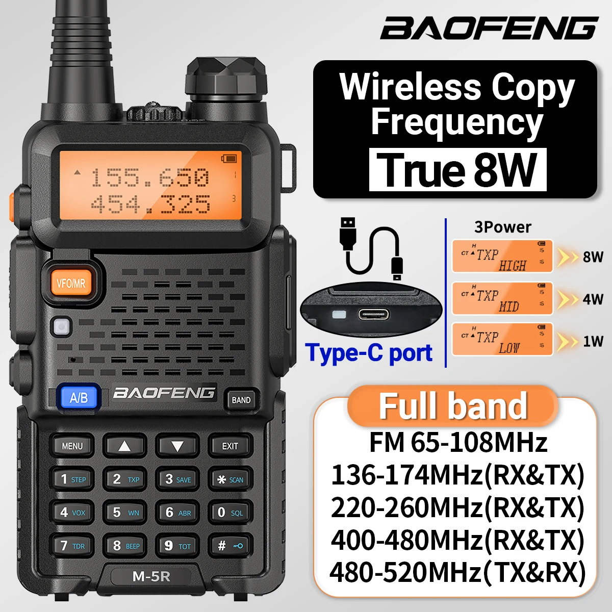 Baofeng UV-5R  Walkie Talkie 8W High Power Long Range Type-C Charger  Wireless Copy Frequency Air Band M-5R Two Way Radio