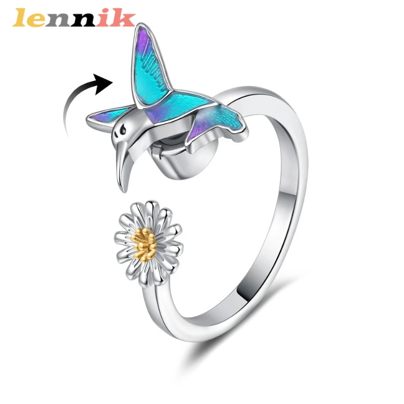 LENNIK Beliebte farbige Emaille-Mode, Nischendesign, drehbarer Kolibri-Ring, bunter zarter Gänseblümchenring, offener Ring