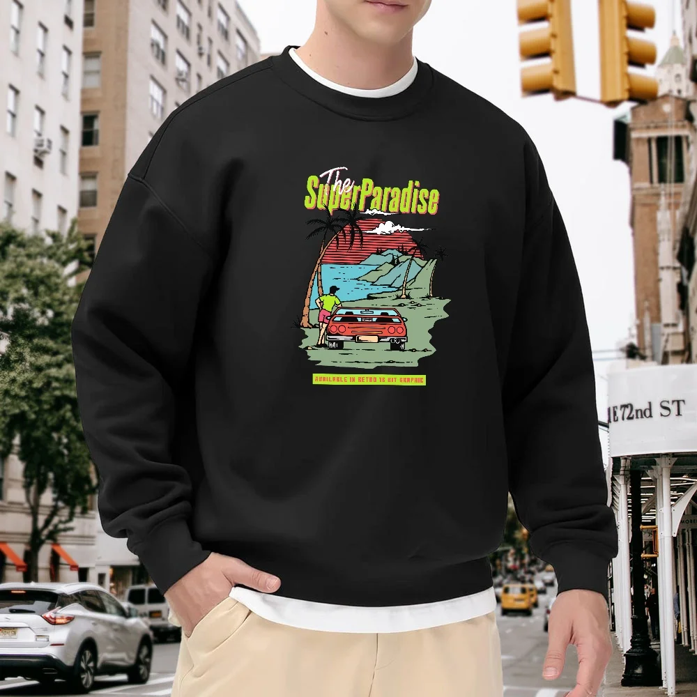 

Men's Black Crew Neck Loose Sweatshirt with Vintage Car Print Pattern, Street Fashion Casual Top, Versatile and Comfortable for Everyday Wear, Trendy and Unique Print Design