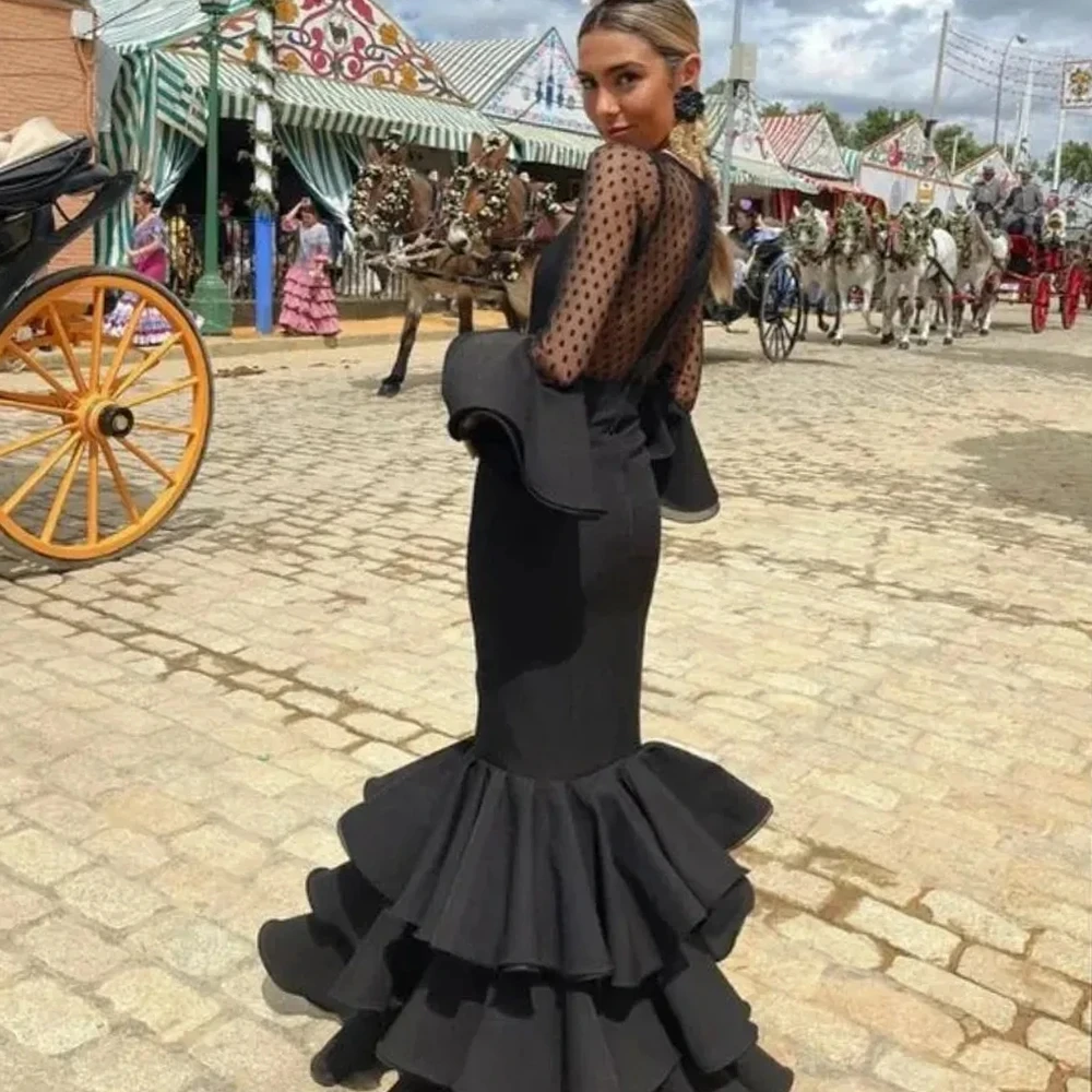 

Black Retro Mermaid Prom Dresses Long Sleeves Polka Dots Illusion Mesh Tiered Evening Formal Party Gowns Pageant Robe De Soriee