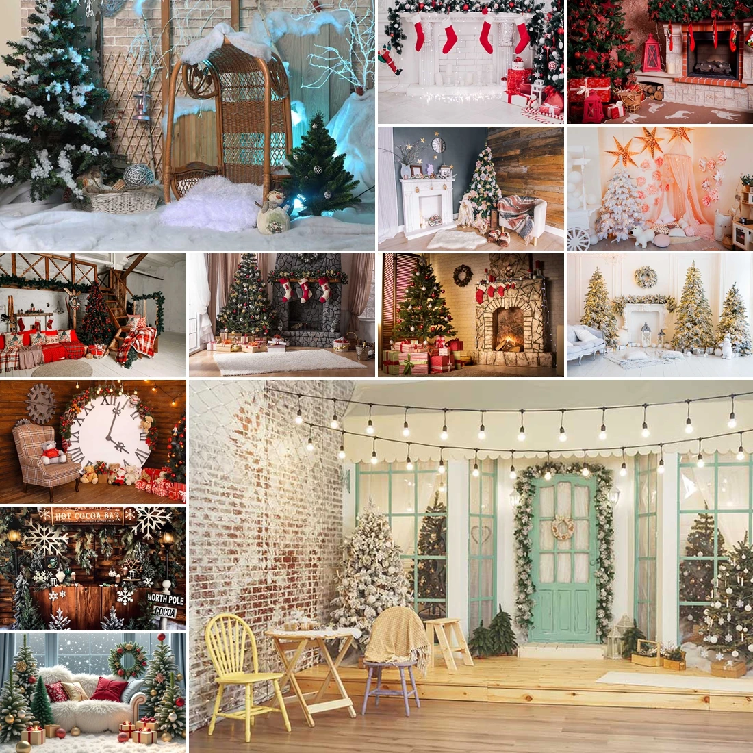 

MOON.QG New Year Christmas Day Backdrops For Photography White Wall Xmas Trees Firplace Backgrounds Photocall Decoration Child