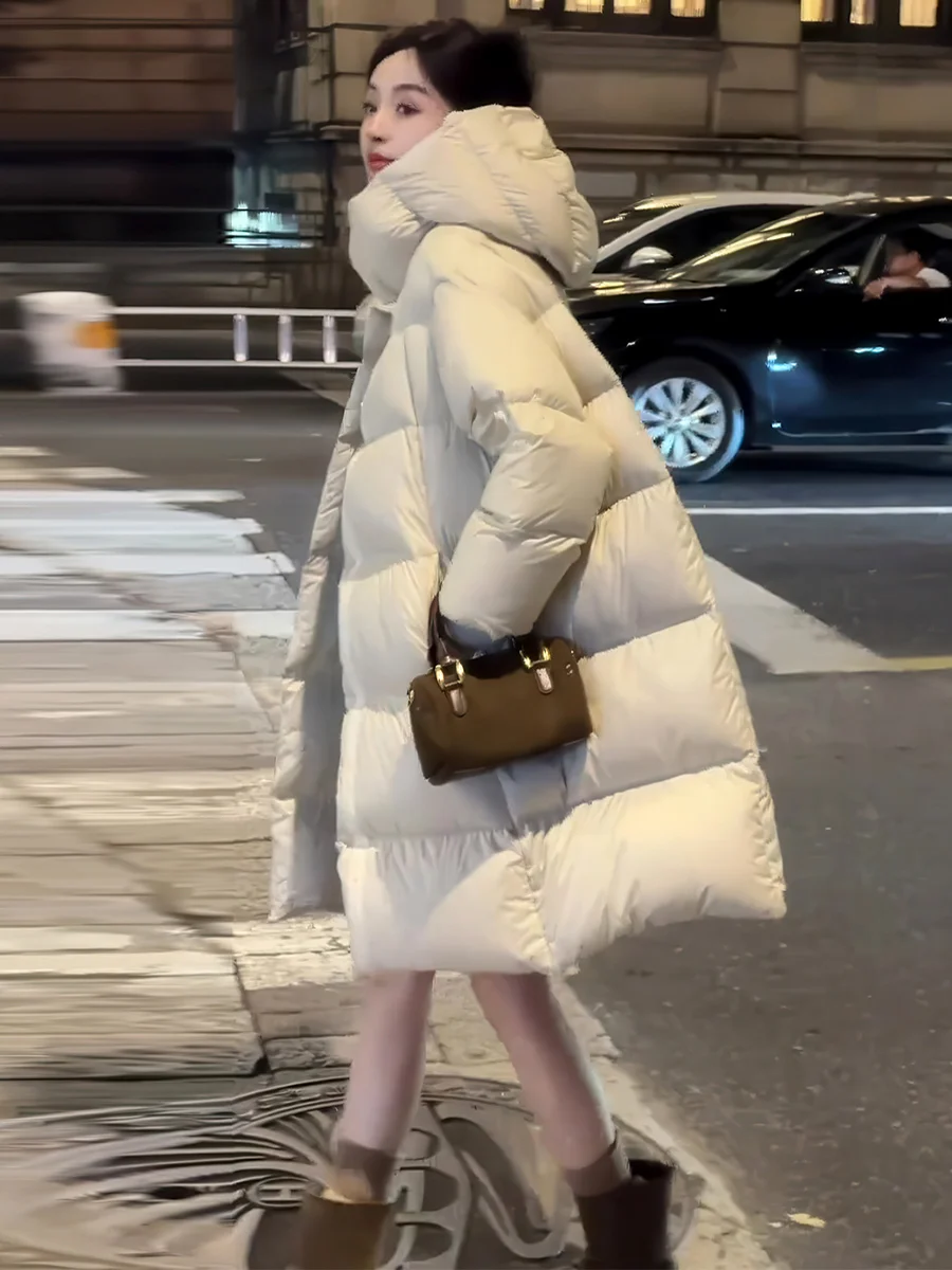 

Women's White Du down Puffer Jaet 2025 Winter New Sle Mid-Length Thiened Bread Sle Coat Hooded Straight Cut Long Sl...