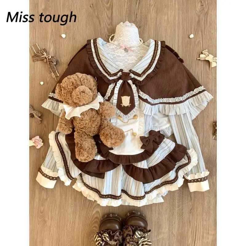 

Милая милая девчачья шаль шоколадного цвета, накидка, полосатая рубашка с длинными рукавами, пышная юбка, комплекты из трех предметов в академическом стиле, женская одежда