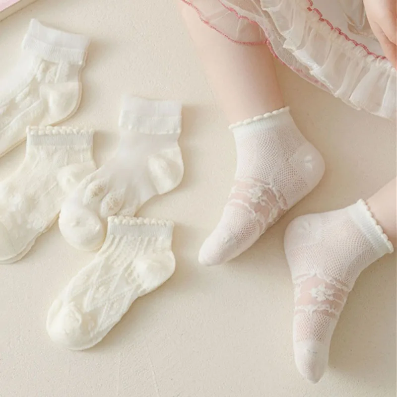 5Pairs Summer Soft Cotton Girls Socks Breathable Children Short Ankle Sock Kids Lace Princess Mesh Ruffle Lolita Socks