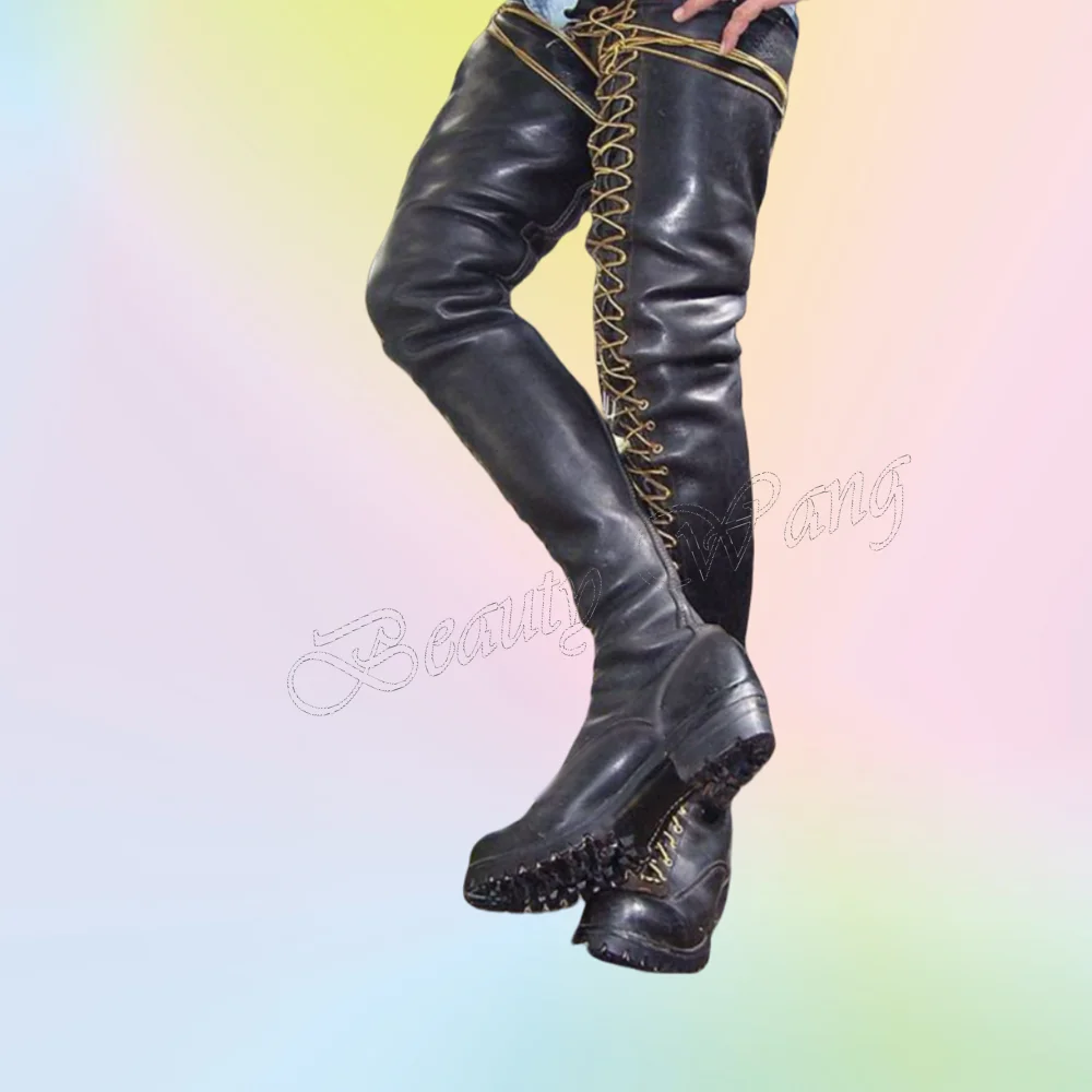 Preto amarelo frente cruz amarrado botas grandes dos homens coxa alta botas de cavaleiro sapatos de dedo do pé redondo para homens sapatos zapatos para hombres