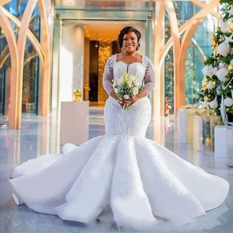 تخصيص زائد حجم طويل الأكمام حورية البحر فستان الزفاف مخصص جنوب أفريقيا العروس ماكسي أثواب ل الدهون الزفاف الدانتيل يزين #3