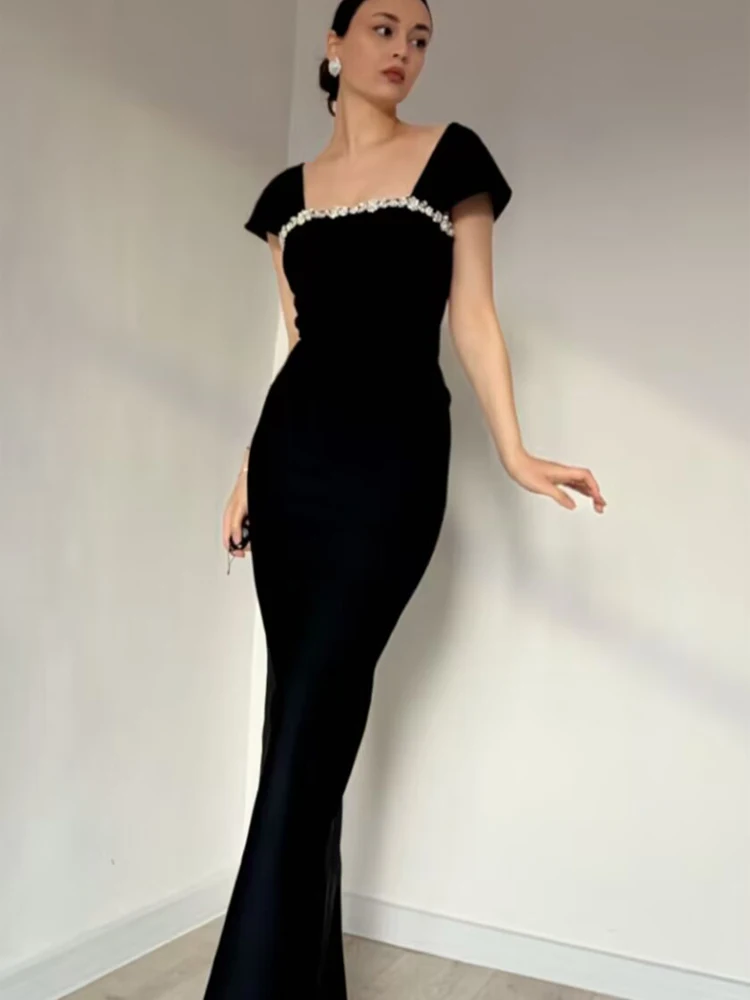 Nuevo vestido Bandage de diamantes con cuello cuadrado y manga corta para mujer, vestido largo hasta el suelo, vestido Maxi de fiesta de celebridades a la moda