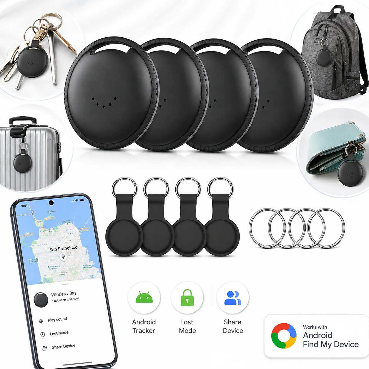 Blossom 4 Pack Smart Tag Bluetooth Tracker For Android, Works With Google Find Hub App(Not for IOS), Anti‑Lost Item Locator