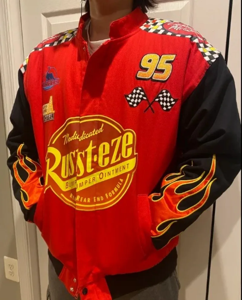 

American high street fashion retro flame pattern racing men jacket oversized casual trendy baseball jacket top couple sportswear