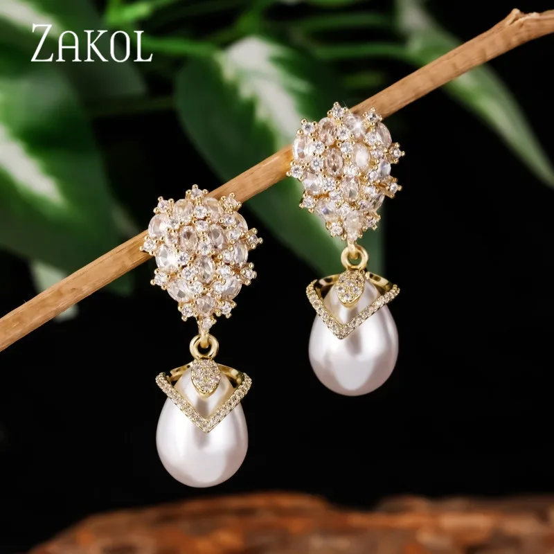 ZAKOL Luxury Imitation Pearl Dangle Earrings Retro Lady Style Sparkling CZ Bridal Wedding Party Jewelry for Women Accessories