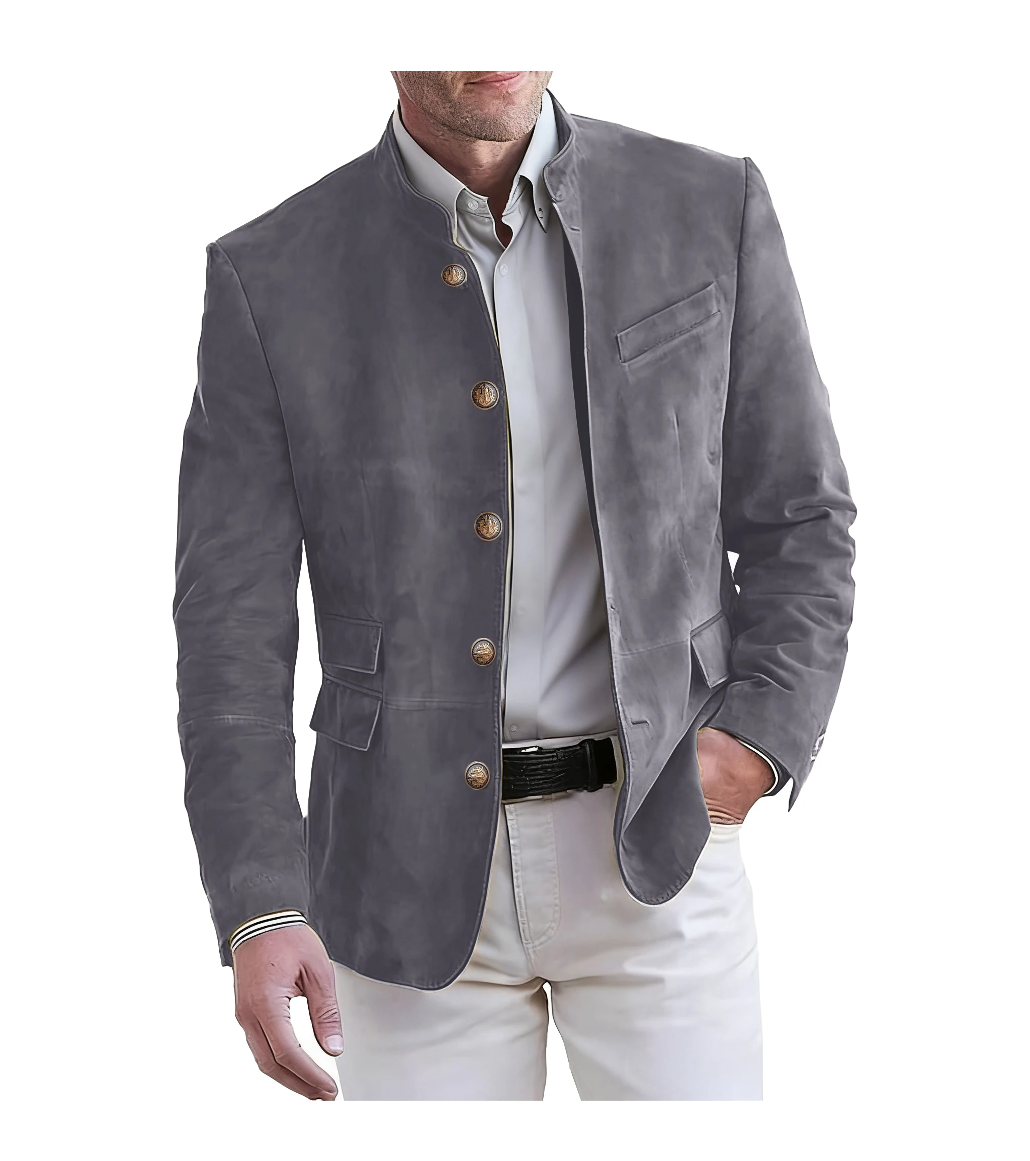 남성용 우아한 멀티 포켓 블레이저 재킷 스탠드 칼라 싱글 브레스티드 캐주얼 아우터웨어 솔리드 컬러 레귤러 남성 오피스 재킷