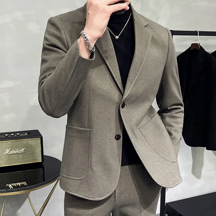 

Thi Woolen Men's Suit Jaet Coat Double Breasted Pure Color Casual Spring Autumn Polyester Fiber Westwear Upper Apparel