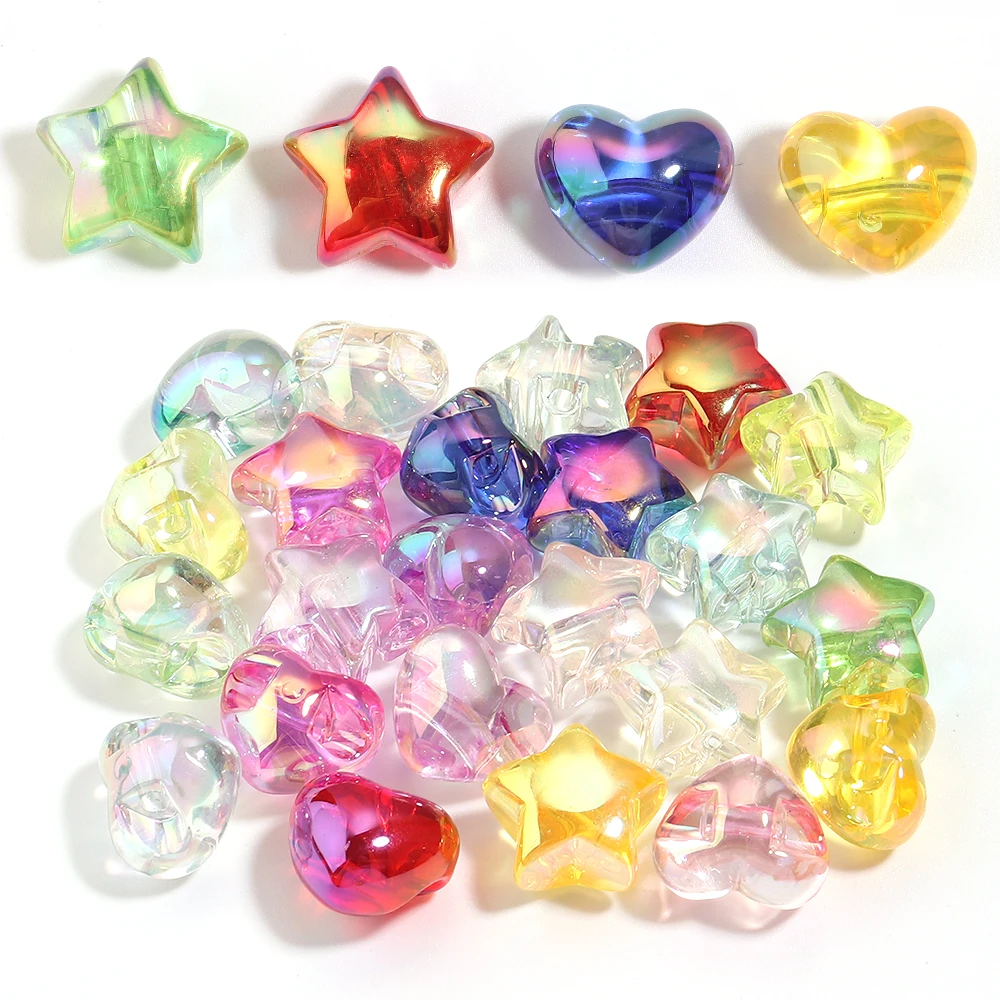10 Stück/Set UV-beschichtete Acrylperlen mit großem Loch, Stern- und Herzform, lose Abstandsperlen für Schmuckherstellung, DIY-Schlüsselanhänger-Zubehör – Detail 3