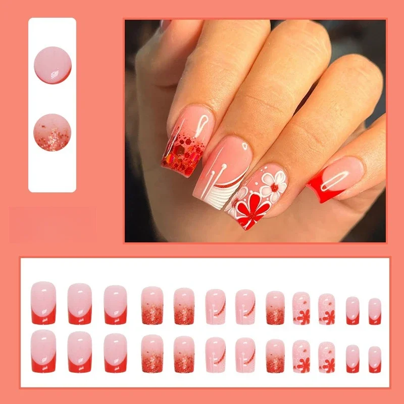 24Pcs/Set Simple Cute Pink Press on Nail Art Glitter Pure Lust Stick Wearing False Nails White French Removable Fake Nails Tips