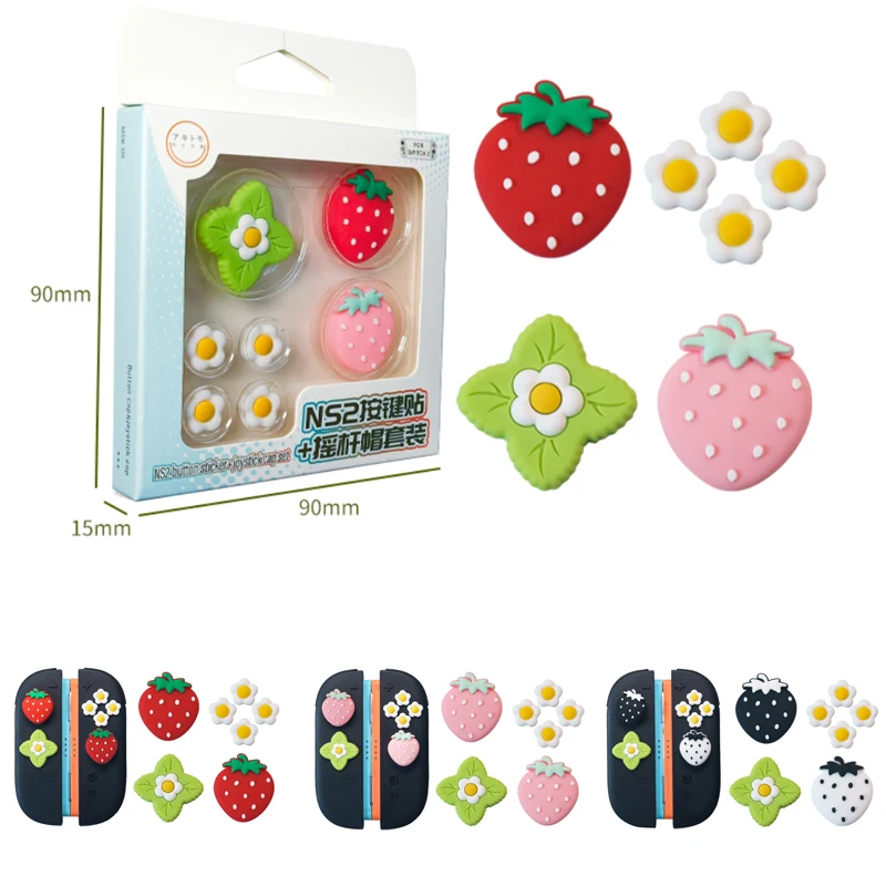 Spring Strawberry Silicone Soft D-pad Button ABXY Key Sticker Skin Case For Switch 2/NS Oled Joy-con Thumb Stick Grip Cap Cover