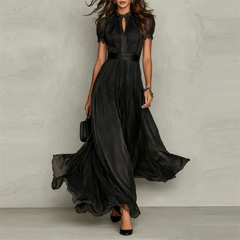 Elegantes Damenkleid mit V-Ausschnitt und Taillenbund, Puffärmeln, Spitze, A-Linie, Midi-Länge, schickes Sommerkleid für Party, Büro, Alltag, Freizeit, 2026 – Detail 3