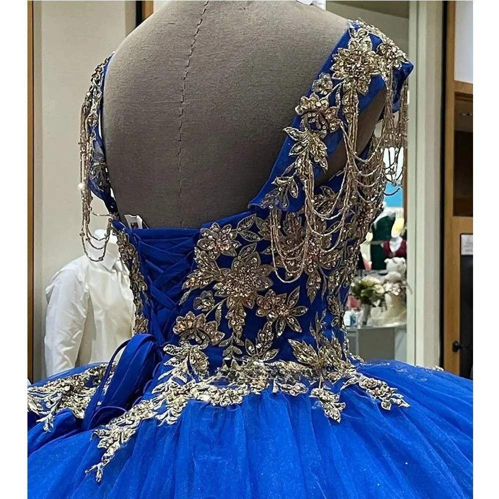 Vestido De quinceañera azul De México De lujo, Vestido De baile De corsé De encaje con tirantes finos, Vestido De fiesta De graduación De 15 y 16 años