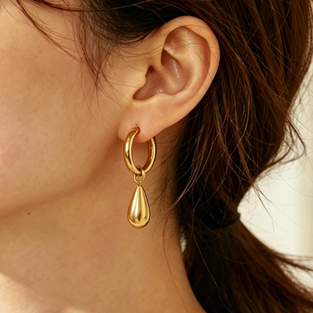 Thick Spring Huggie Solid Water Drop Dangle Earrings 316 Stainless Steel Gold Steel Two-Tone Minimal Soft Long Face-Slimming Hoo