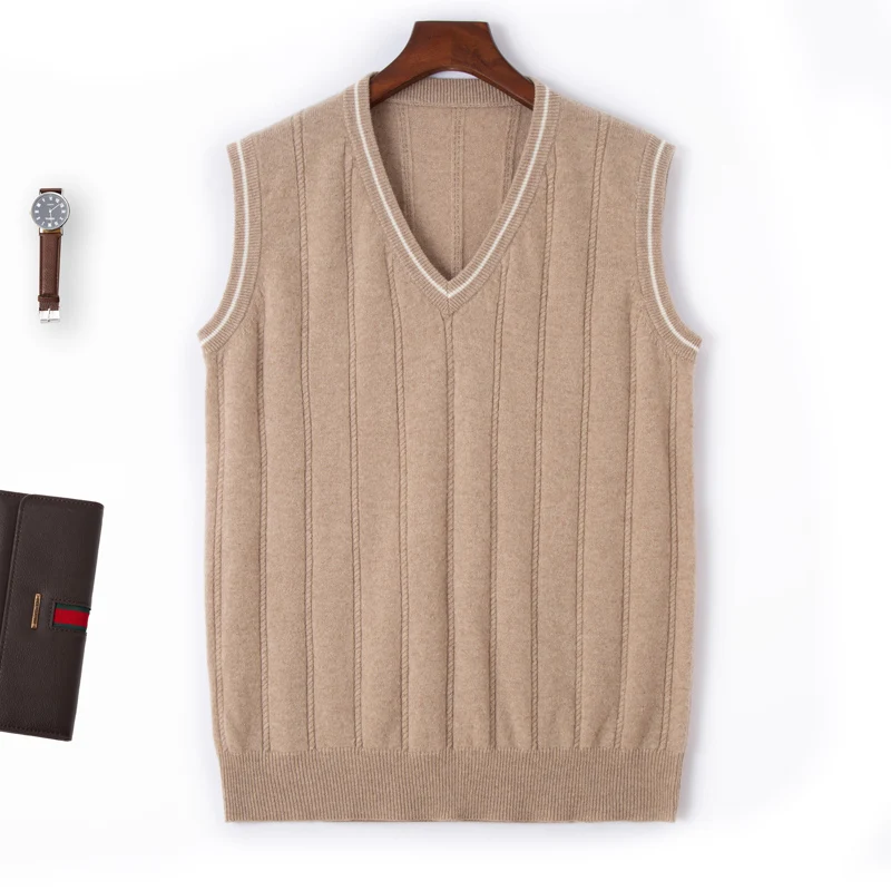 Autumn and Winter New Men's V-neck Pure Wool Sleeveless Knitted Vest, Pullover, Camisole, Versatile Sweater, Vest view 4