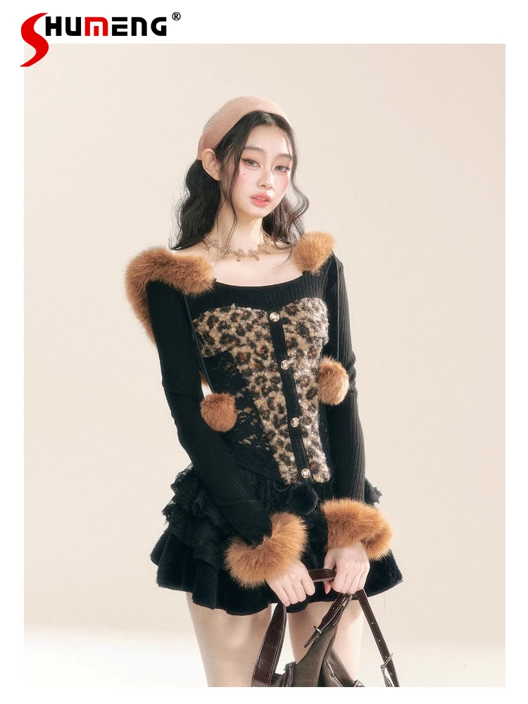 Leopard Print Fashion Hooded Babes Sexy Knitted Sweaters Women 2024 Autumn and Winter Long Sleeve Slimming Plush Knitted Tops