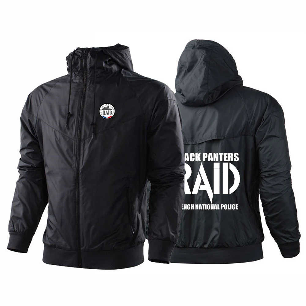 

2024 Men RAID French National Police Spring and Autumn Patchwork Windbreaker Windproof Casual Hooded Trendy Fashion Print Coat