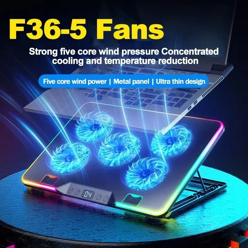 

Five Fans Notebook Air-cooled Cooling Stand Support 11-17.3'' Multi-angle Adjustable Gaming Laptop Bracket with 2 USB LED Screen