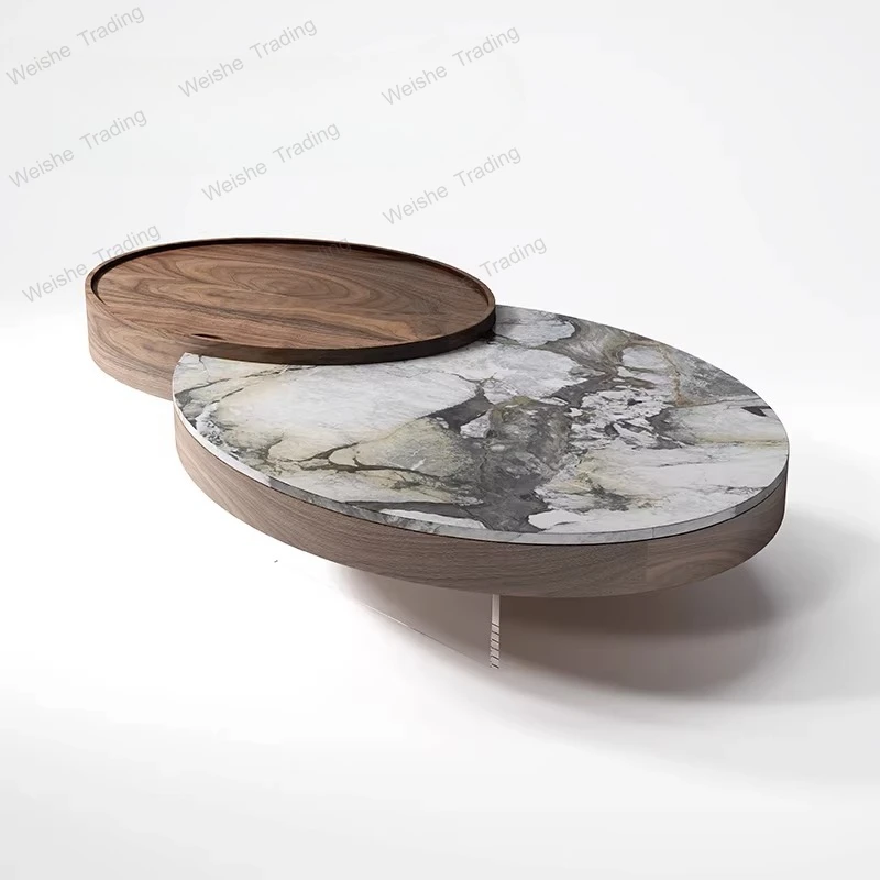 

Итальянский кофейный столик из натурального мрамора в стиле лёгкой роскоши, для небольшой квартиры, акриловый, современный, простой, дизайнерский, из орехового дерева.