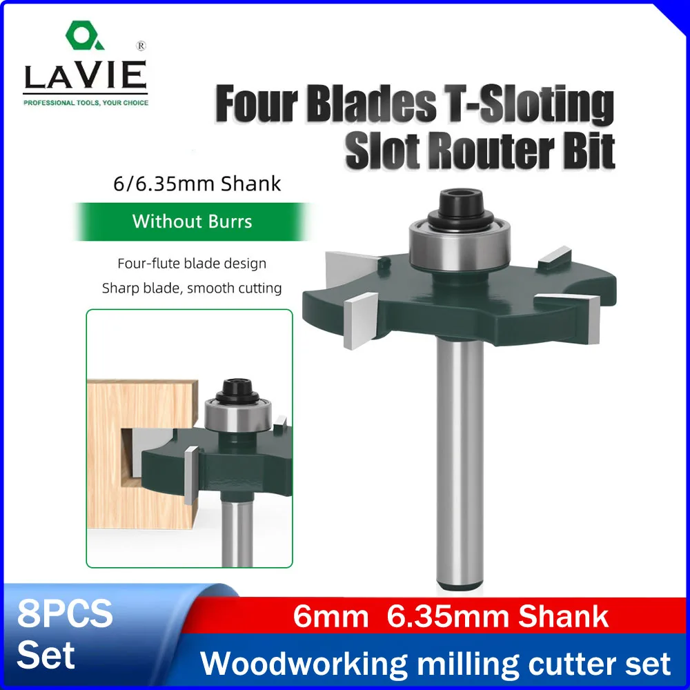 

LAVIE 4-Flute Bearing T-Type Router Bit, 8mm Shank, Woodworking Grooving & Notch Cutter, Alloy Trimmer Bit