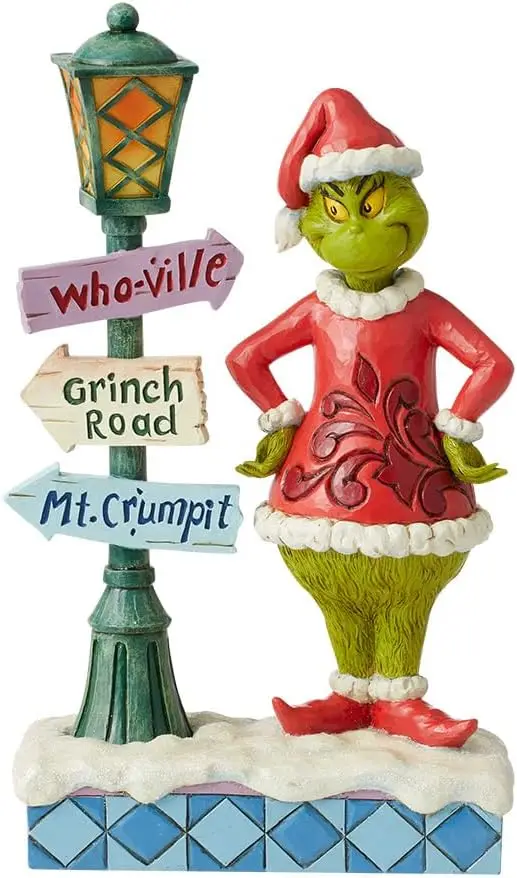 تمثال Grinch Santa مع مصباح شارع LED، ديكور عيد الميلاد مصنوع يدويًا من الراتنج الحجري، مقاس 10.24 بوصة متعدد الألوان قابل للتجميع
