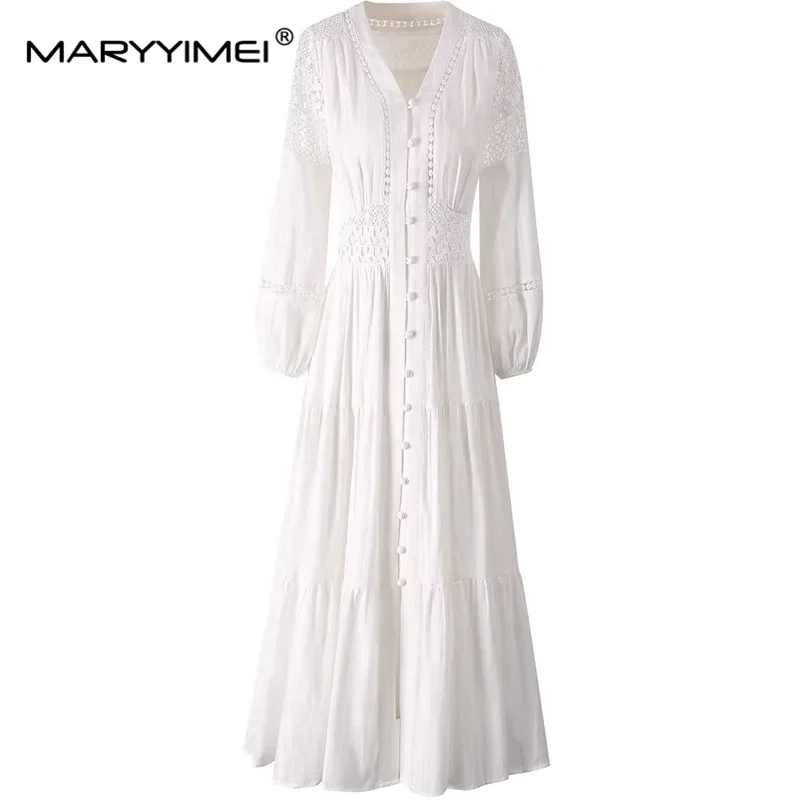 MARYYIMEI Autumn Winter Women\'s Dress Long-Sleeved Hollow Out V-Neck Single-Breasted New Fashion Cotton Big Swing S-3XL Dresses