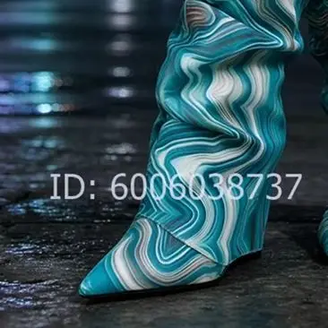 Women Mixed colors Slouchy Knee High Boots Pointed Toe Pull On Stacked Long Boots  Fashion Pattern Dress Footwear  Ladies Boots