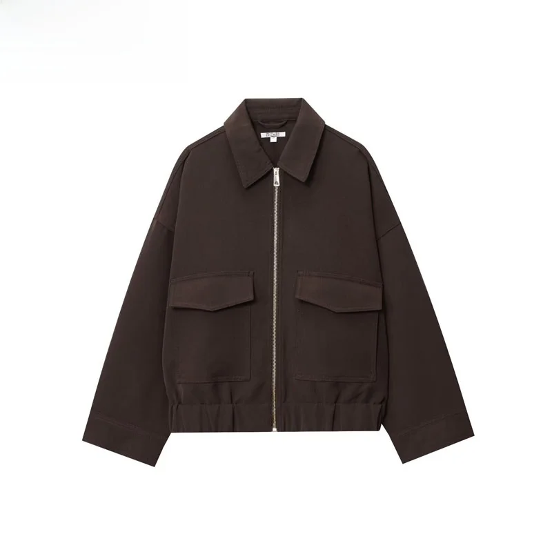 

ZBZR Autumn New Women's Loose Long Sve Jaet Coat with ket Decorated Turn-down Collar Outerwear Polyester Fiber