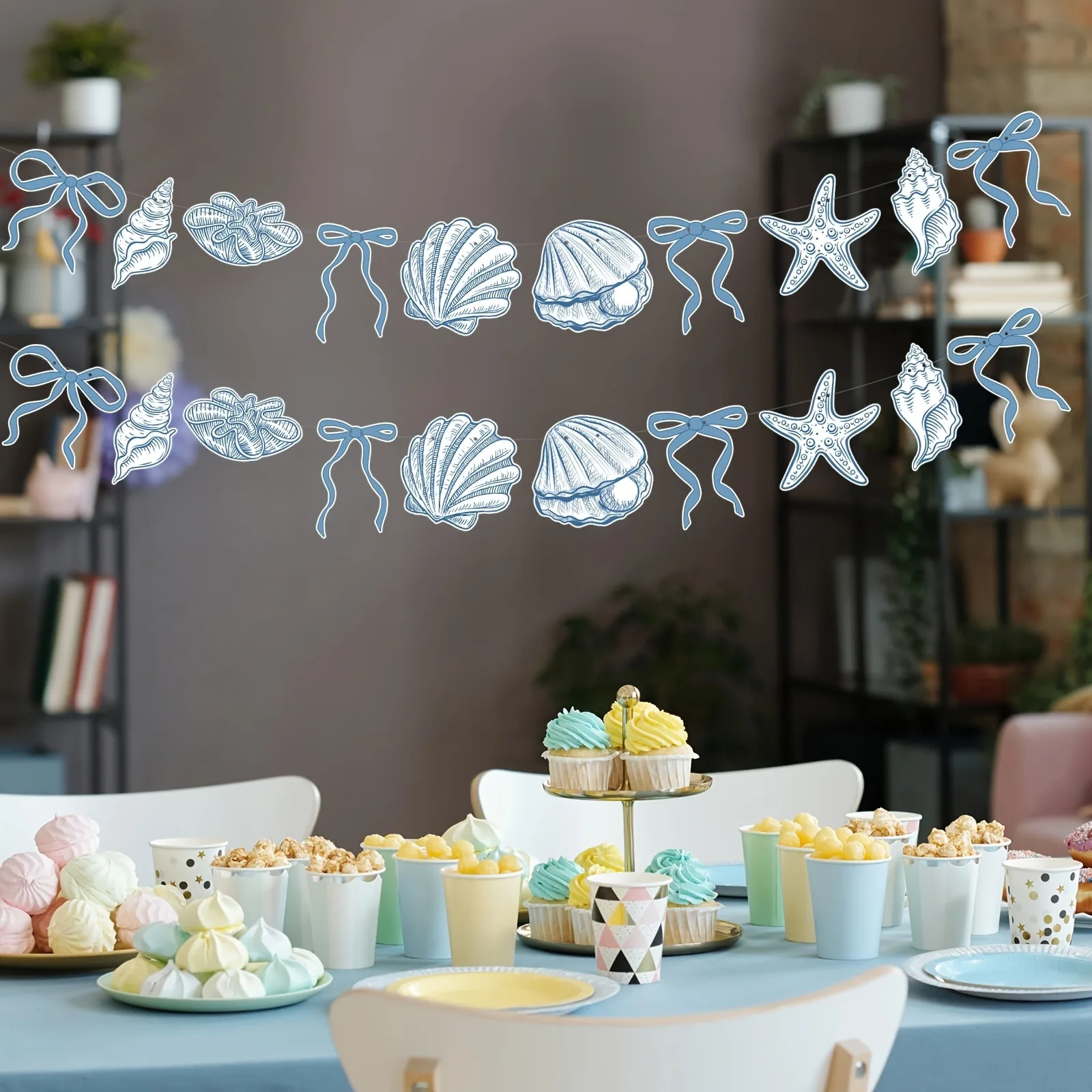 

Under The Sea Theme Party Decors Banner Blue Bow Shell Starfish Hanging Pendant Ocean Animals Happy Wedding Birthday Party Decor