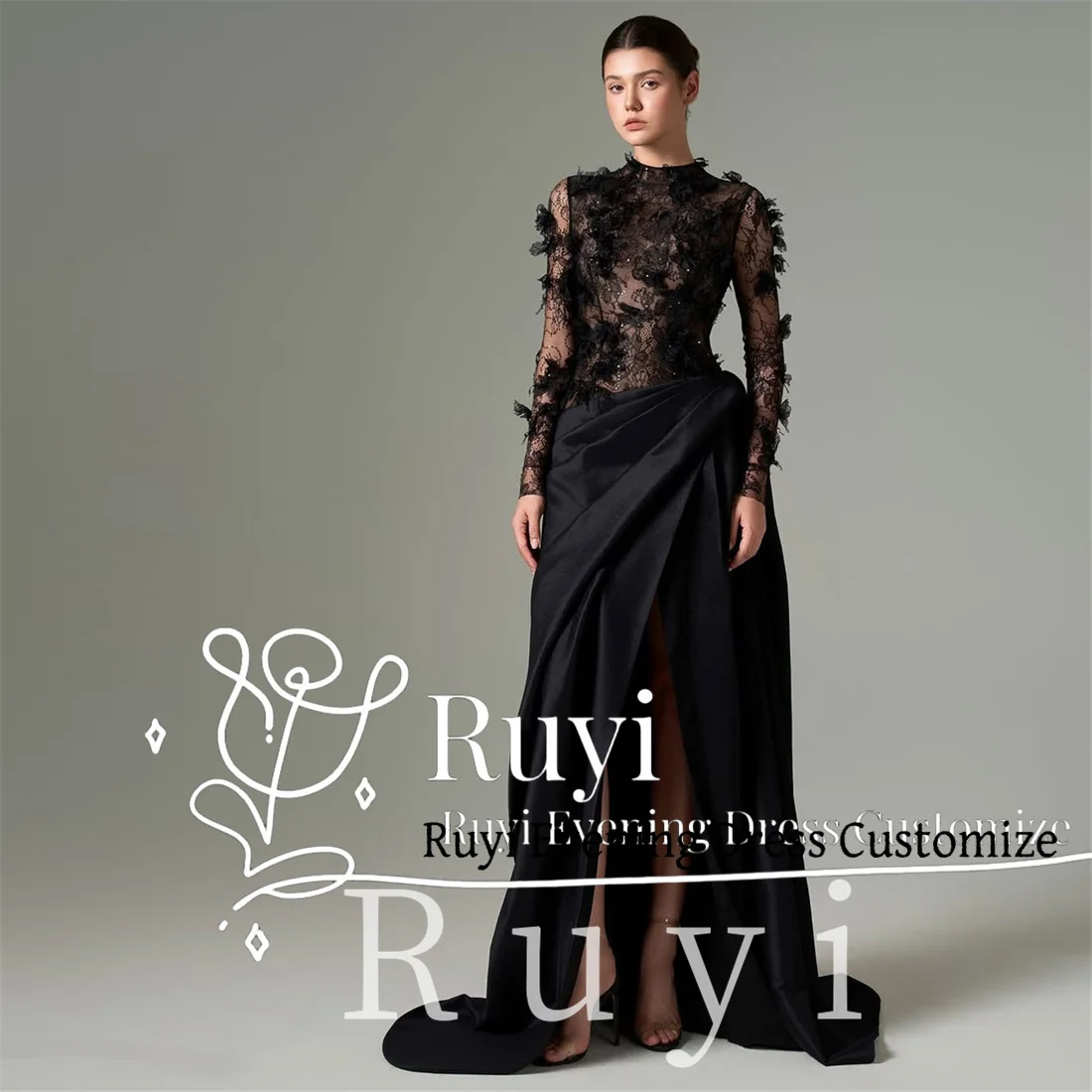 

Customized Black Tulle Lace Luxury Evening Dresses Flowers Satin Special Occasion Sexy Ruched Long Sleeves Wedding Prom Dress