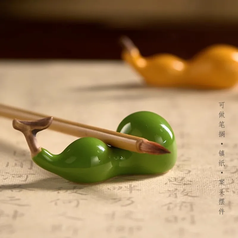 Creative Ceramic Gourd Pen Holder & Rest, Chinese Scholar's Desk Decor - Lucky Fu Lu Auspicious Miniature Art Gift